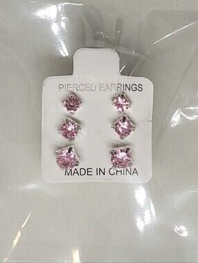 $1 | Pink | Multi‑Size 3‑Pair Rhinestone Stud Earring Set